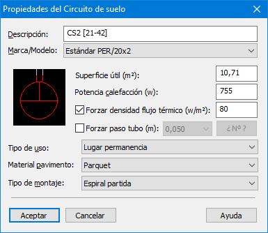 Cuadro de diálogo de suelo radiante